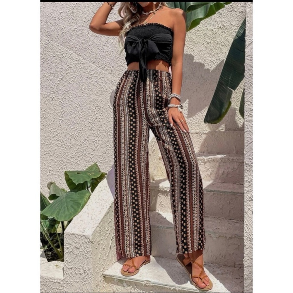 SHEIN Tie Front Tube Top and Floral Print Wide Leg Pants Set